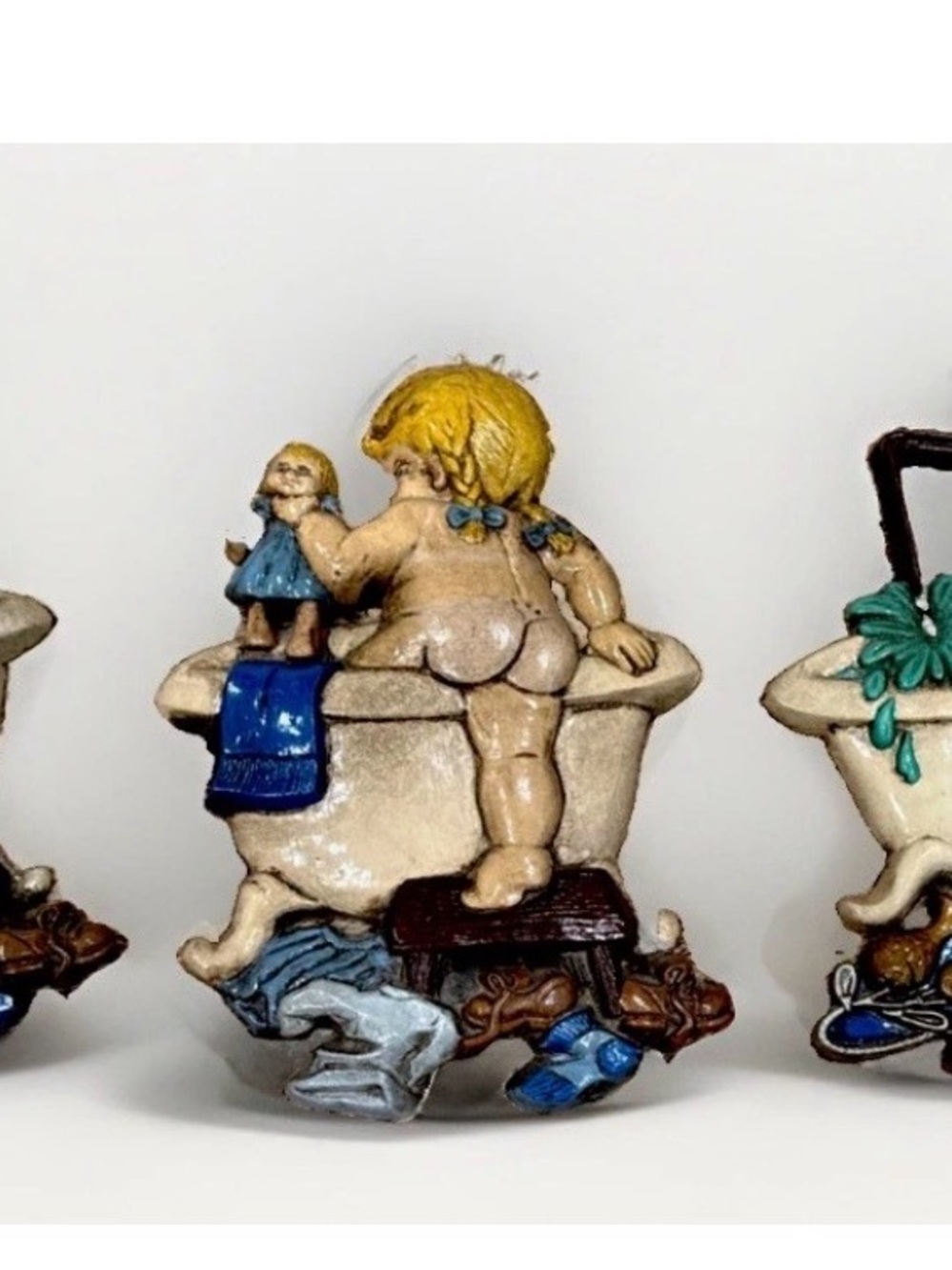 Source Unknown Beige and Blue Bathtub Cherub Figurine